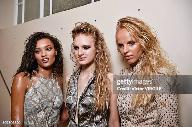 Model backstage at the Julien Macdonald show during London Fashion Week Spring/Summer collections 2016/2017 on September 17, 2016 in London, United...