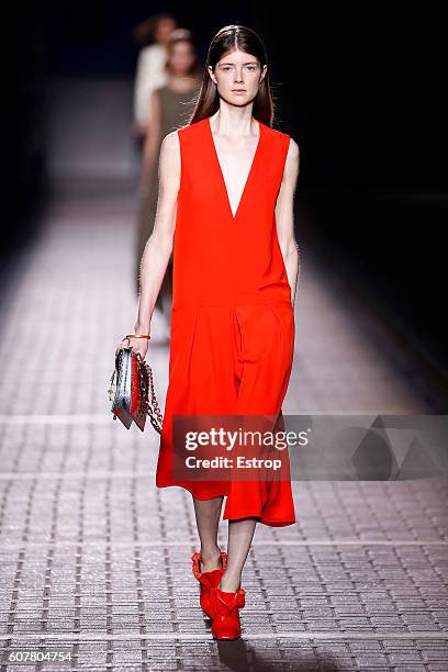 Model walks the runway at the Mulberry designed by Jonny Cota show during London Fashion Week Spring/Summer collections 2017 on September 18, 2016 in...