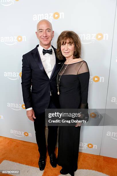 Founder, Chairman and CEO of Amazon.com Jeff Bezos and his mum Jacklyn arrive at the Amazon's Emmy Celebration at the Sunset Tower Hotel on September...