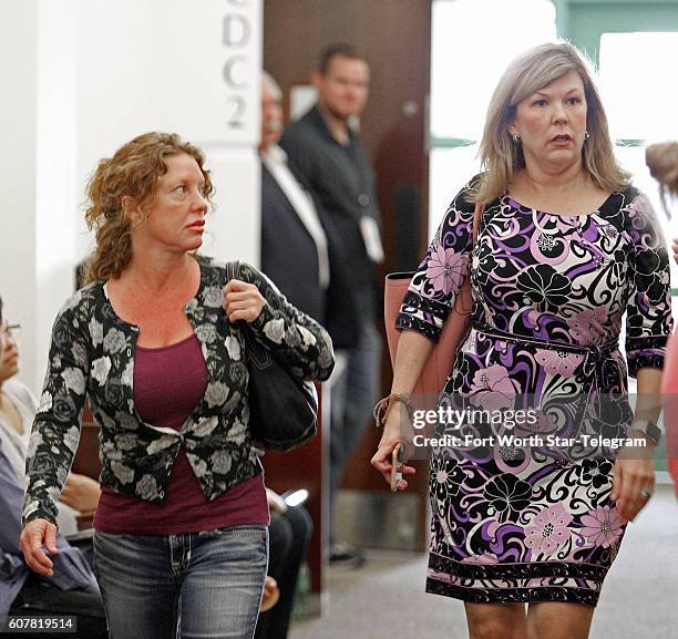 Tonya Couch, left, mother of "affluenza teen" Ethan Couch, leaves court with attorney Stephanie Patten after making a brief appearance before...