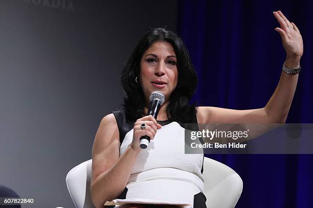 Yahoo Finance Anchor Alexis Christoforous moderates a panel at the 2016 Concordia Summit - Day 1 at Grand Hyatt New York on September 19, 2016 in New...