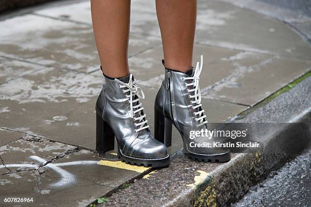 Fashion Blogger Annacarla e Simona is wearing shoes by Louis Vuitton day 1 of London Womens Fashion Week Spring/Summer 2016, on September 16, 2016 in...