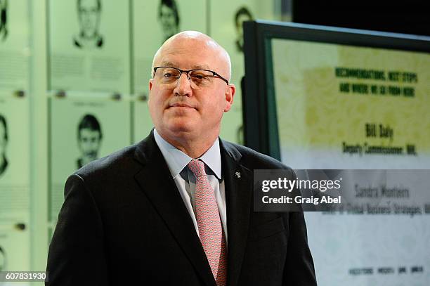 Bill Daly speaks at Hockey SENSE, in partnership with the NHL, NHLPA and Beyond Sport at the World Cup of Hockey 2016 at Hockey Hall of Fame on...