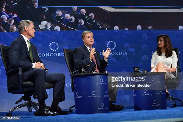 Georgia Senator David Perdue, South Carolina Senator Lindsey Graham and EY Executive Director Morgan Ortagus speak at the 2016 Concordia Summit - Day...