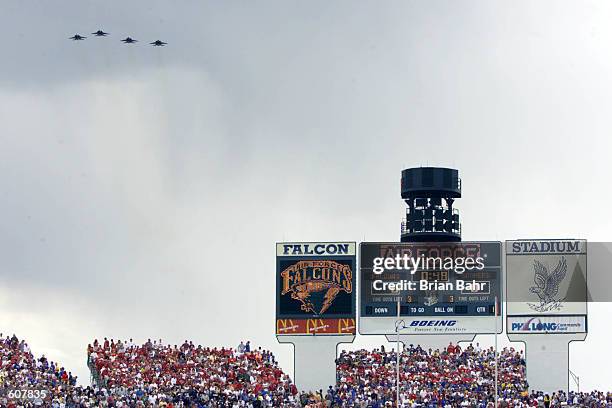 General view of the stadium as fighter jets fly over during the game between the Oklahoma Sooners and the Air Force Falcons at Falcon Stadium in...