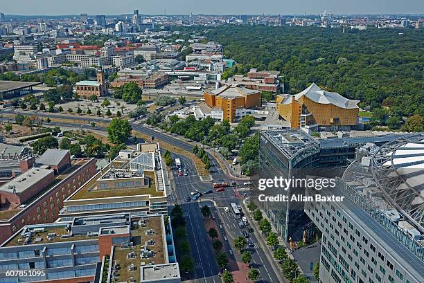 aerial view of sony centre and potsdamer platz - berliner philharmonie stockfoto's en -beelden