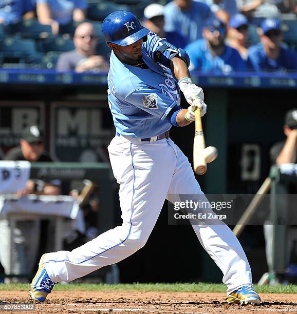 Alcides Escobar of the Kansas City Royals hits a home run in the second inning against the Chicago White Sox at Kauffman Stadium on September 19,...