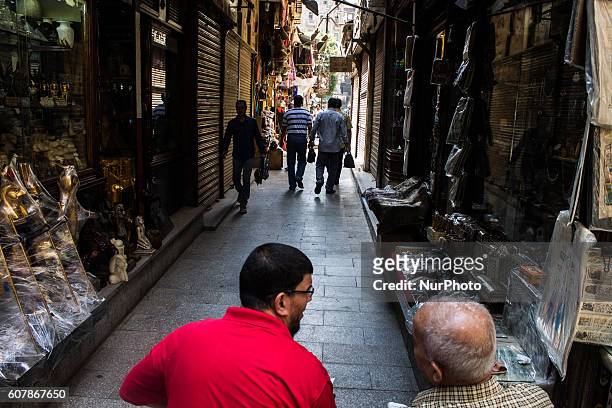Shoppers in Khan Al-Khalili market in Cairo, Egypt,on September 19, 2016. The Khan el-Khalili is a major souk in the Islamic district of Cairo,...