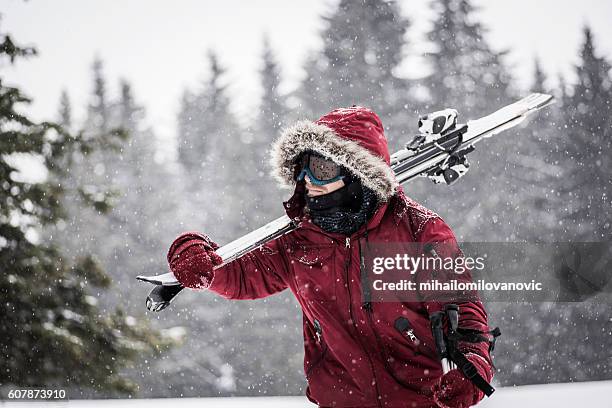 giovane che porta gli sci attraverso la foresta innevata - parka cappotto invernale foto e immagini stock