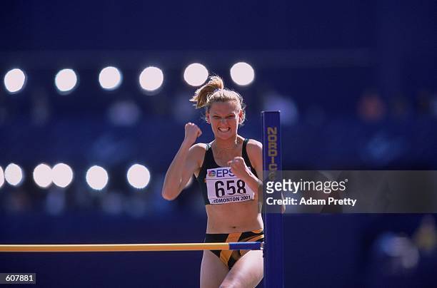 Hestrie Cloete of South Africa celebrating during the Women's High Jump Event for the IAAF World Championships at the Commonwealth Stadium in...