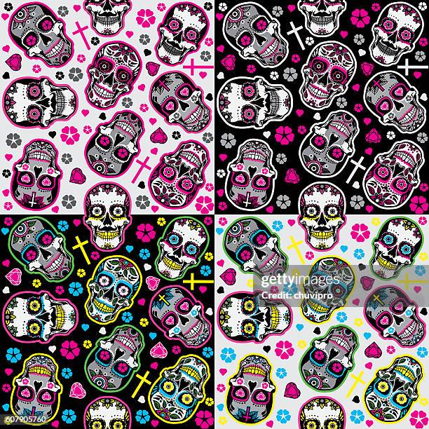 stockillustraties, clipart, cartoons en iconen met sugar skulls day of the dead seamless backgrounds set - sugar skull