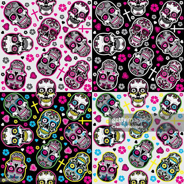 sugar skulls day of the dead seamless backgrounds set - calaveras stock illustrations