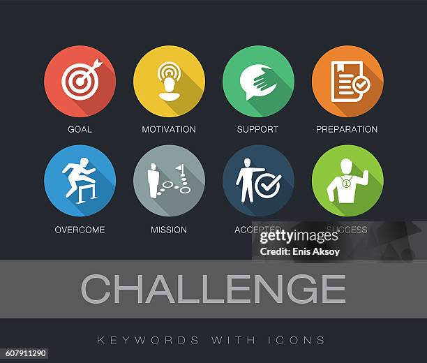 ilustraciones, imágenes clip art, dibujos animados e iconos de stock de palabras clave de desafío con iconos - retos