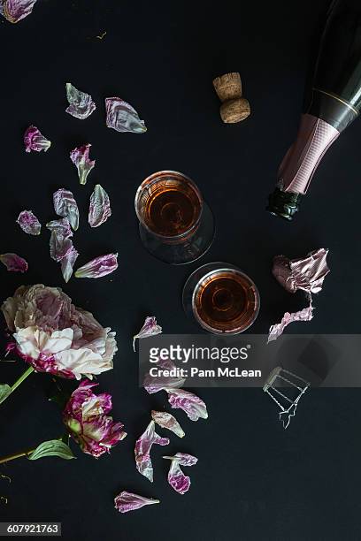 champagne, bottle and flowers - bottle champagne from above stock pictures, royalty-free photos & images
