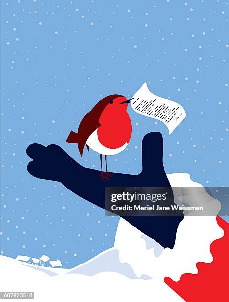 ilustraciones, imágenes clip art, dibujos animados e iconos de stock de ilustración simple robin bird, note y papá noel - christmas letter