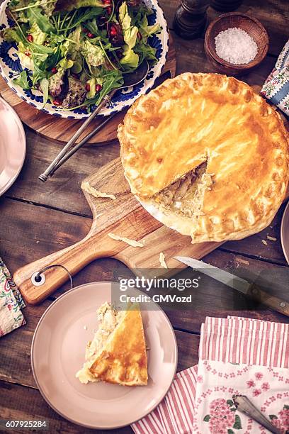 delicious homemade chicken meat pie - savoury pie stock pictures, royalty-free photos & images