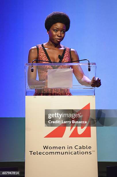 Actress Danai Gurira speaks onstage during the WICT Leadership Conference Touchstones Luncheon at Marriot Marquis on September 19, 2016 in New York...