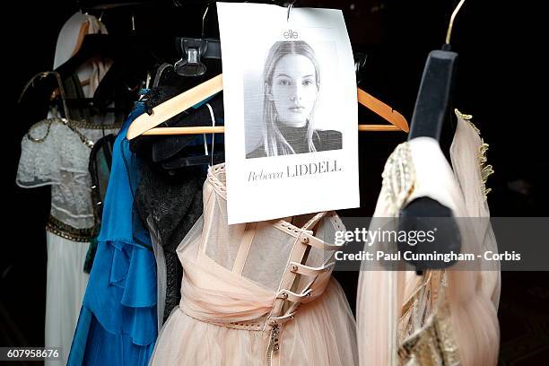 The designers look, mood and dress boards hang on a dress rail with the collection backstage ahead of the Kristian Aadnevik show during London...