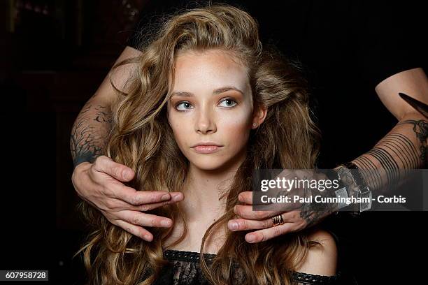 Model in hair and make up backstage ahead of the Kristian Aadnevik show during London Fashion Week Spring/Summer collections 2016/2017 on September...