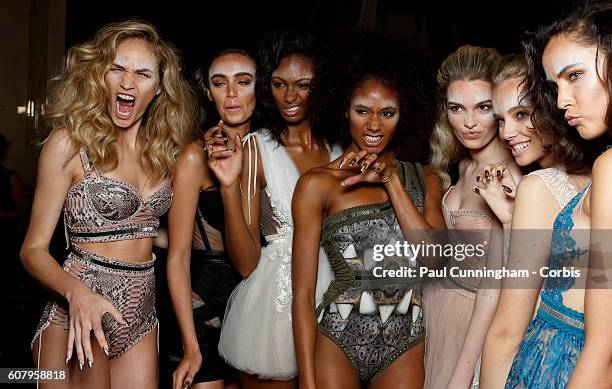 Models group and have some fun backstage ahead of the Kristian Aadnevik show during London Fashion Week Spring/Summer collections 2016/2017 on...