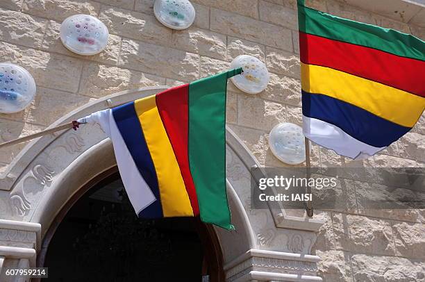 the five colors of the druze flag at maqam abu ibrahim, daliyat el carmel - maqam ibrahim stock pictures, royalty-free photos & images