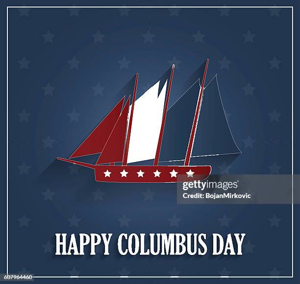 columbus day poster with ship on blue background - christopher columbus stock illustrations