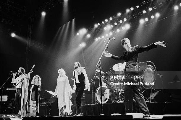 Fleetwood Mac performing at one of six shows at Wembley Arena, London, between 20th - 27th June 1980. Left to right: John McVie, Stevie Nicks,...