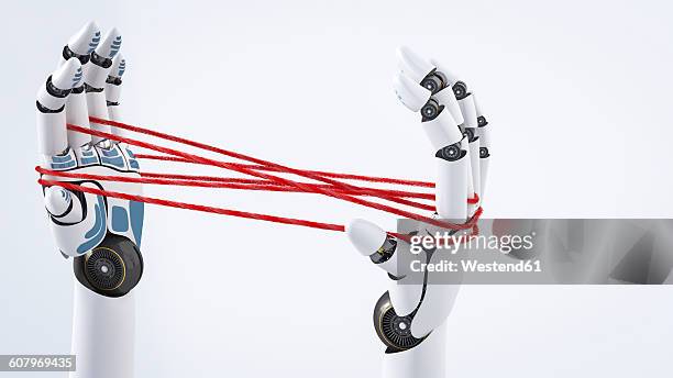 robot hand holding red threads, 3d rendering - faden hände stock-grafiken, -clipart, -cartoons und -symbole