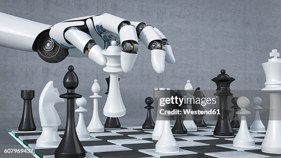 Robot hand playing chess, 3D Rendering Robot hand playing chess, 3D Rendering