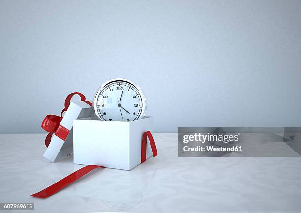 3d illustration, opened gift carton with a clock - gifting stock illustrations