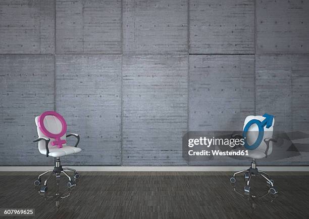 swivel chairs with mars and venus signs against concrete wall - male symbol stock illustrations