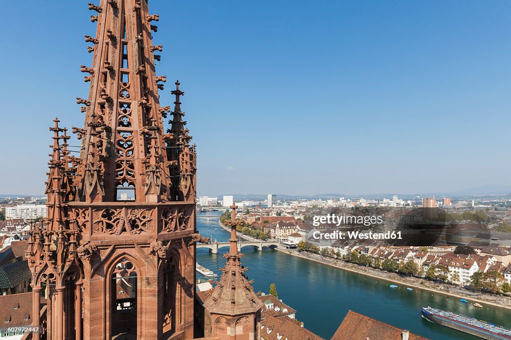 Switzerland, Basel, Basel Minster Tower, city and Rhine River view from Basel Minster