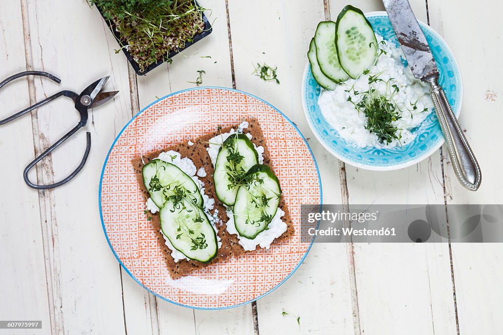 Crispbreads with cottage cheese, cucumber slices and cress