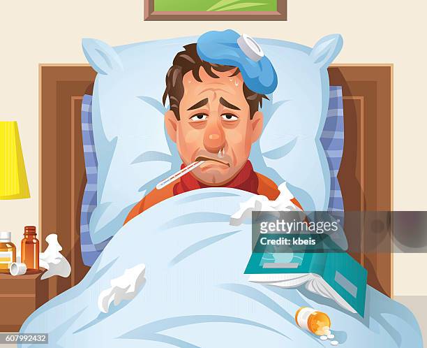 ilustrações, clipart, desenhos animados e ícones de homem doente deitado na cama - handkerchief