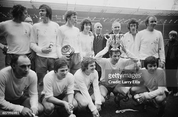 Tottenham Hotspur win the Football League Cup Final against Aston Villa at Wembley Stadium, London, 27th February 1971. From left to right Martin...