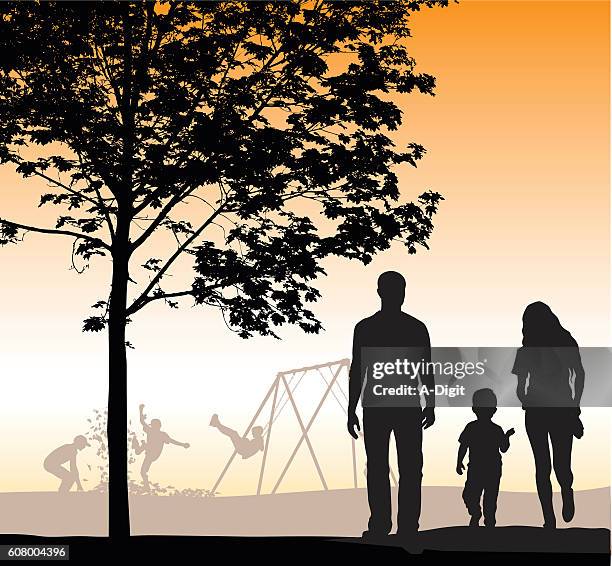 ilustraciones, imágenes clip art, dibujos animados e iconos de stock de familia caminando en la silueta del vector del anochecer - hombre joven el parque