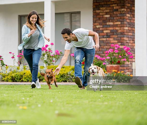 happy couple playing with their dogs - happy people running stockfoto's en -beelden