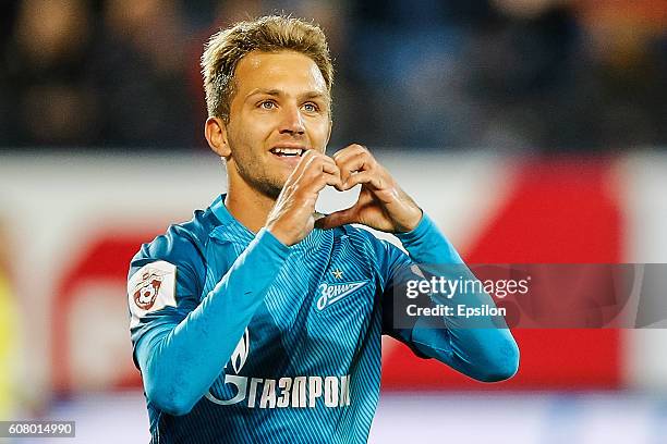 Domenico Criscito of FC Zenit St. Petersburg celebrates his goal during the Russian Football League match between FC Zenit St. Petersburg and FC...