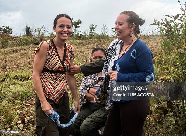 Natalie Mistral from France and Tanja Nijmeijer from Holland members of the Revolutionary Armed Forces of Colombia are seen during an interview whit...