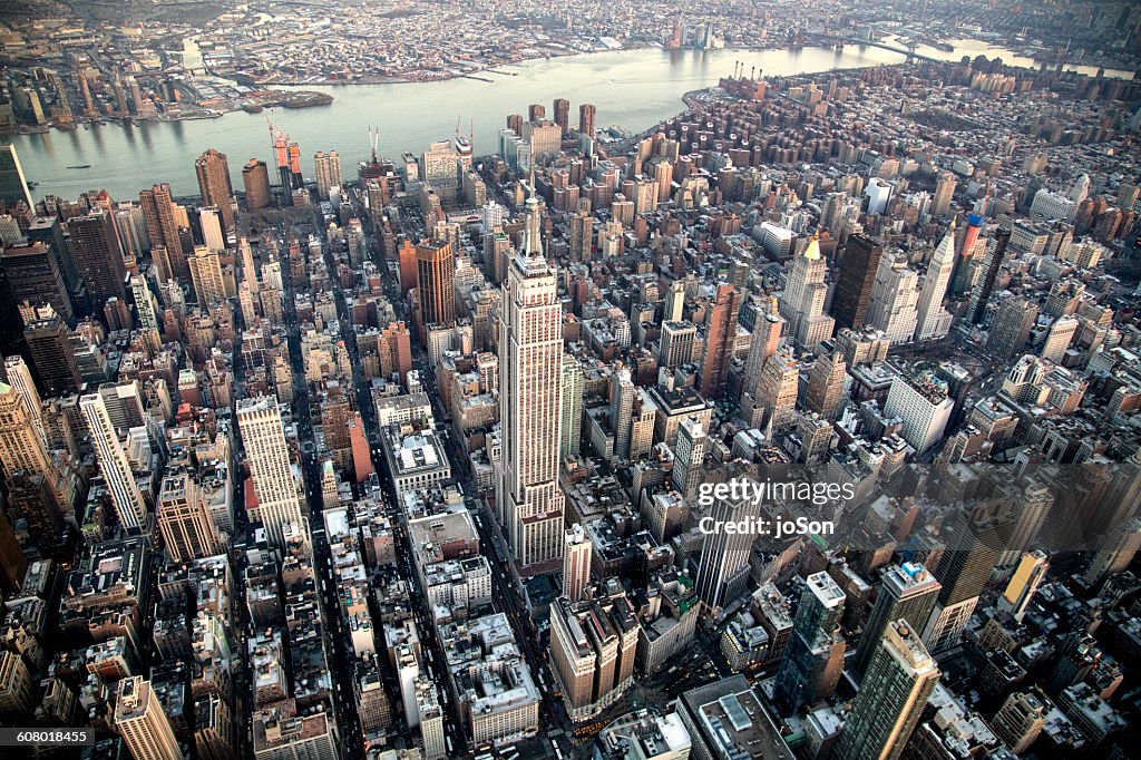 Aerial of Empire State Building  and Manhattan