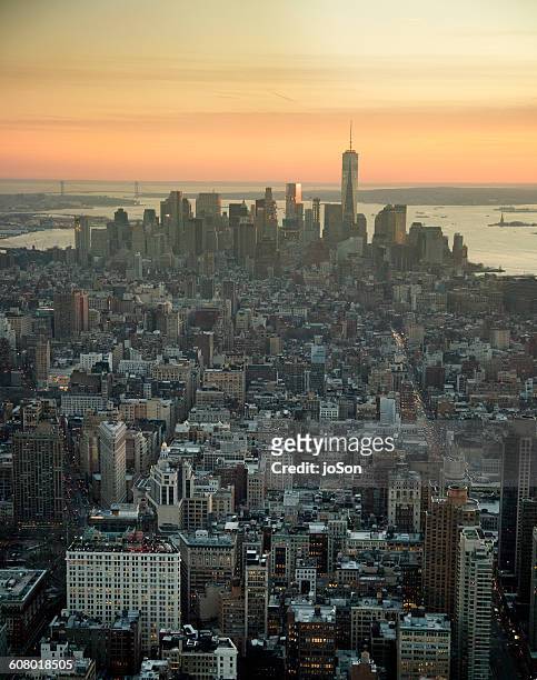 aerial view of new york city skyline - manhattan skyline stock pictures, royalty-free photos & images