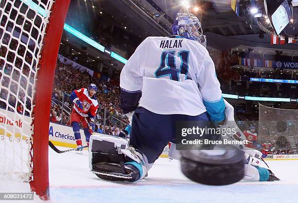 Jakub Voracek of Team Czech Republic scores a second period goal on Jaroslav Halak of Team Europe during the World Cup of Hockey tournament at the...