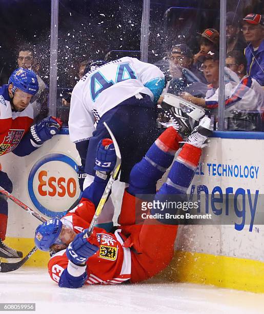 Jakub Voracek of Team Czech Republic is upended during the third period against Team Europe during the World Cup of Hockey tournament at the Air...