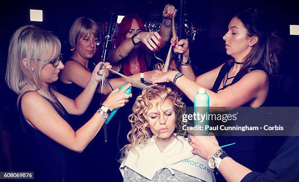 Model in hair and make up backstage ahead of the Kristian Aadnevik show during London Fashion Week Spring/Summer collections 2016/2017 on September...