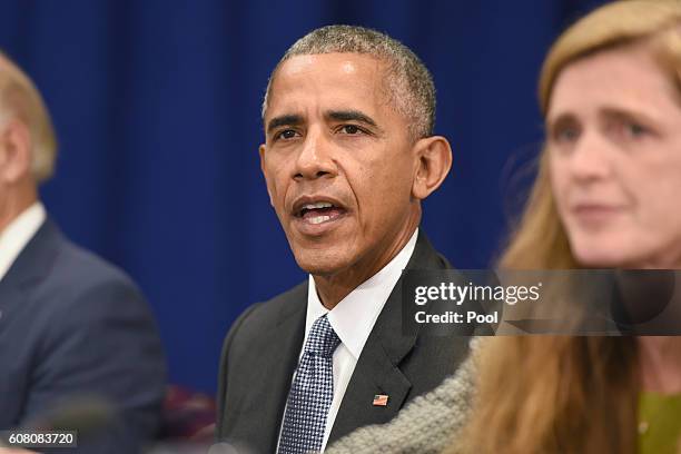 President Barack Obama attends a bilateral meeting with Prime Minister Haider al-Abadi of Iraq at the Lotte New York Palace Hotel on September 19,...