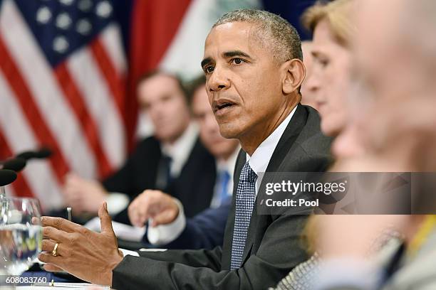 President Barack Obama attends a bilateral meeting with Prime Minister Haider al-Abadi of Iraq at the Lotte New York Palace Hotel on September 19,...