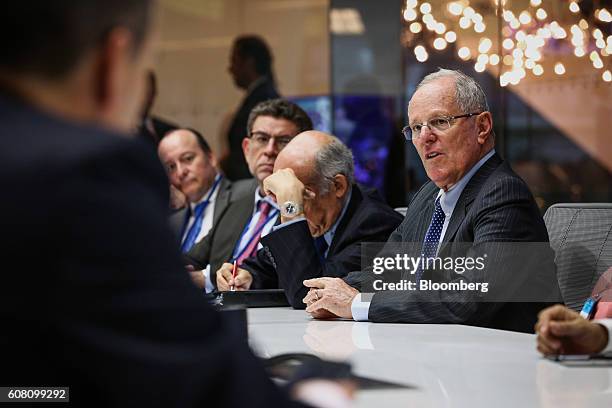 Pedro Pablo Kuczynski, president of Peru, right, speaks during an interview in New York, U.S., on Monday, Sept. 19, 2016. Kuczynski is looking to...