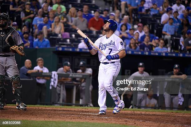 Tony Cruz of the Kansas City Royals bats against the Oakland Athletics at Kauffman Stadium on September 15, 2016 in Kansas City, Missouri.