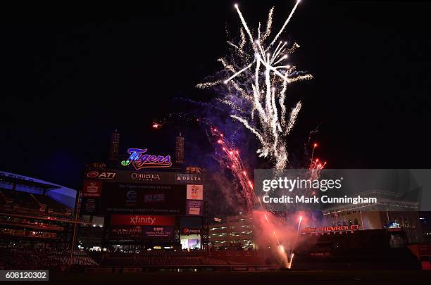 General view of Comerica Park during the post-game fireworks show after the game between the Detroit Tigers and the Baltimore Orioles at Comerica...