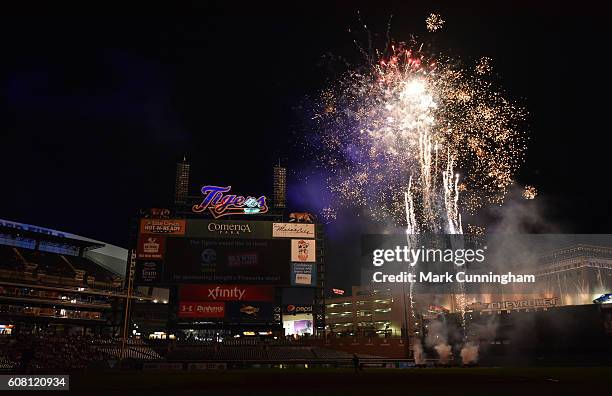 General view of Comerica Park during the post-game fireworks show after the game between the Detroit Tigers and the Baltimore Orioles at Comerica...